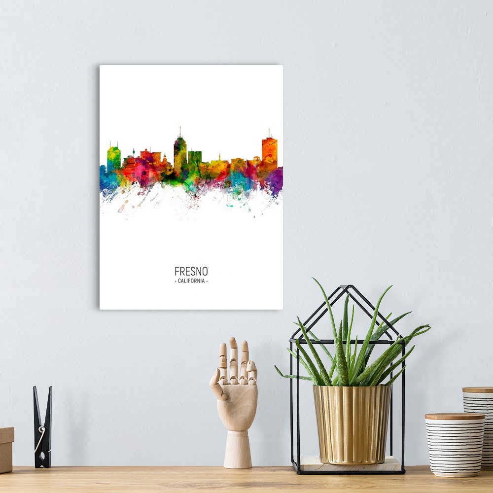 A bohemian room featuring Watercolor art print of the skyline of Fresno, California, United States
