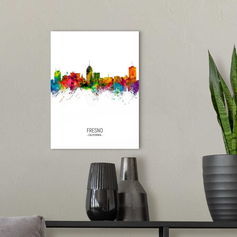 A modern room featuring Watercolor art print of the skyline of Fresno, California, United States
