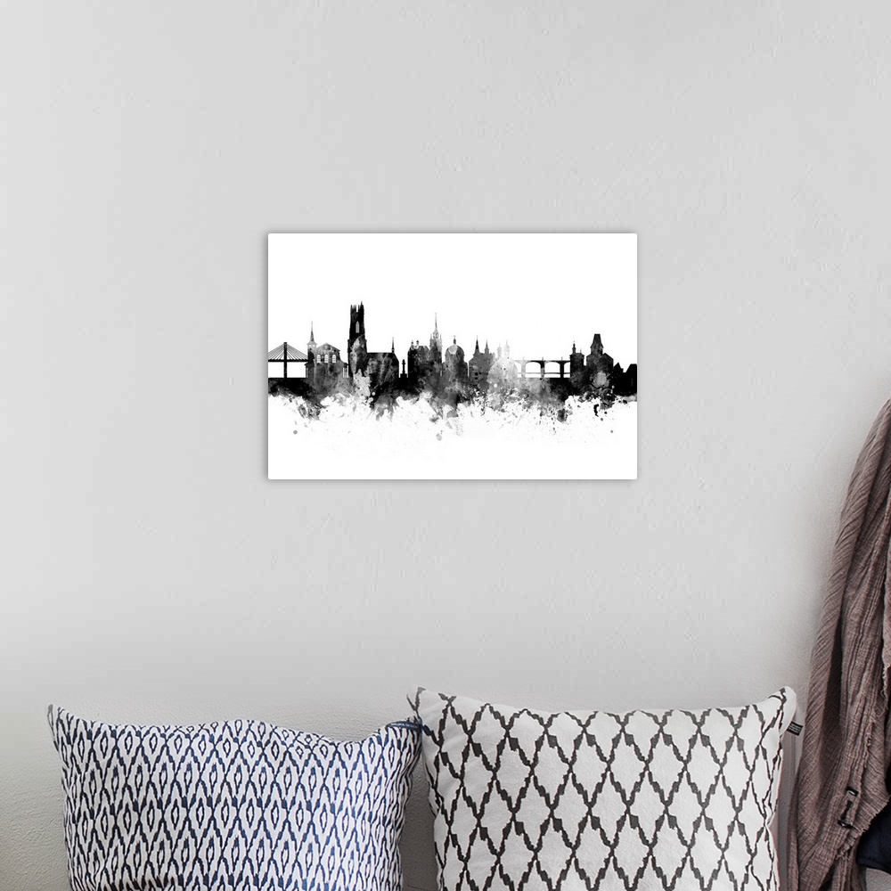 A bohemian room featuring Watercolor art print of the skyline of Fribourg, Switzerland