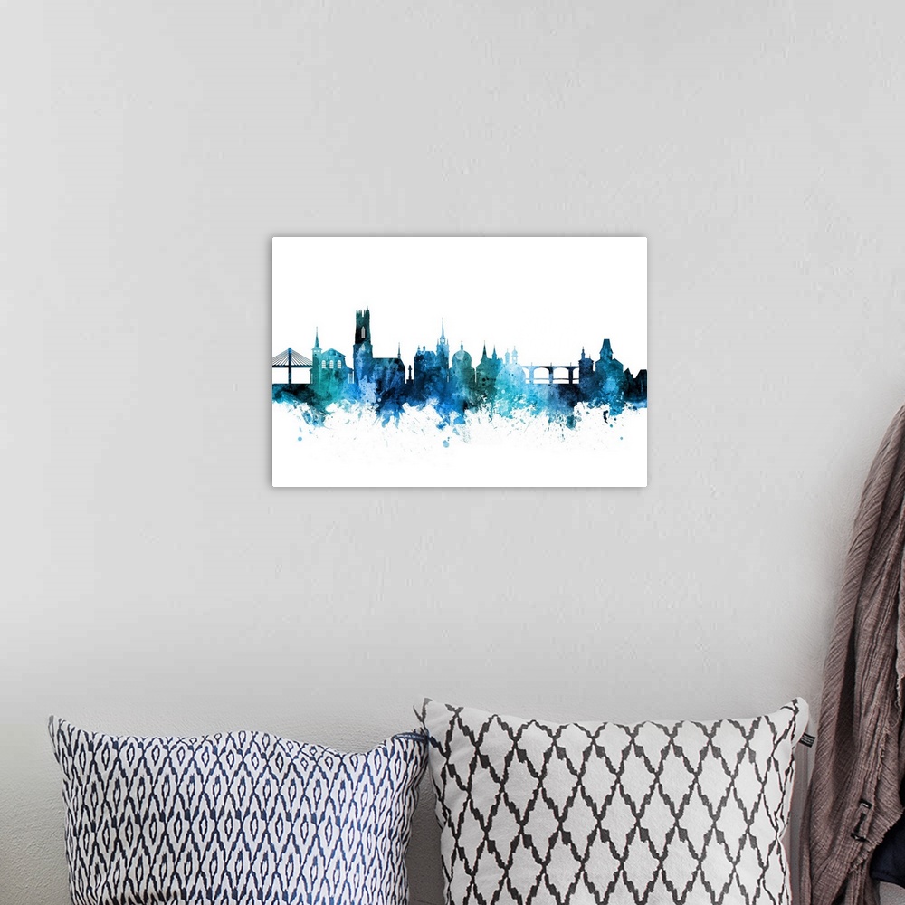 A bohemian room featuring Watercolor art print of the skyline of Fribourg, Switzerland.