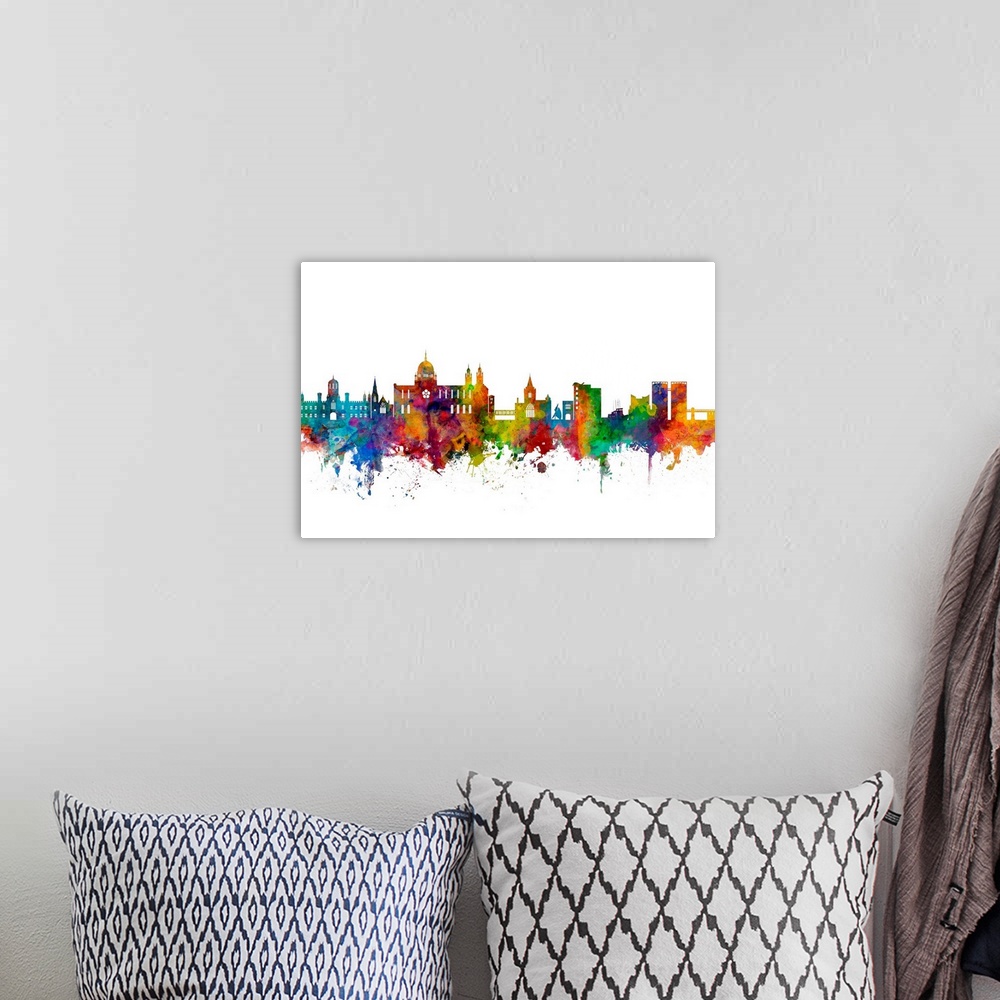 A bohemian room featuring Watercolor art print of the skyline of Galway, Ireland.
