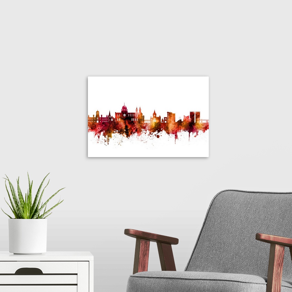 A modern room featuring Watercolor art print of the skyline of Galway, Ireland.