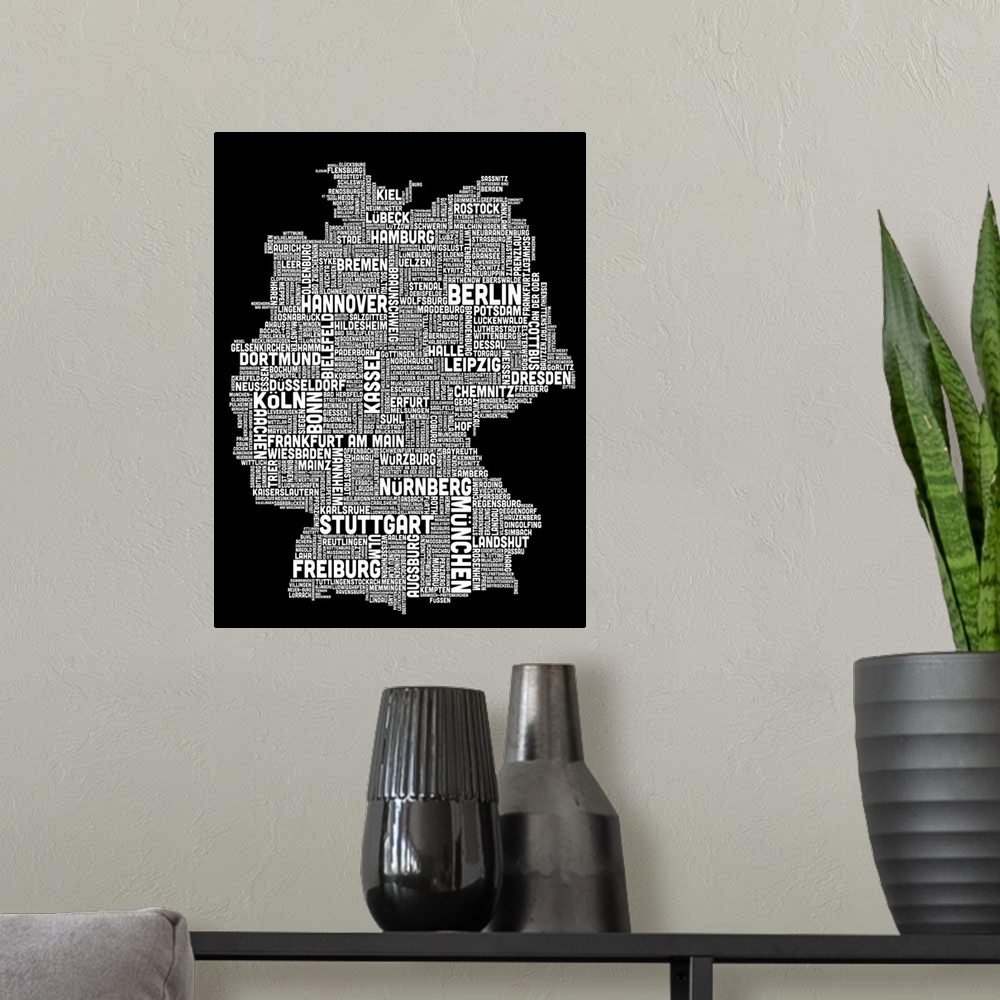 A modern room featuring German Cities Text Map, Black and White