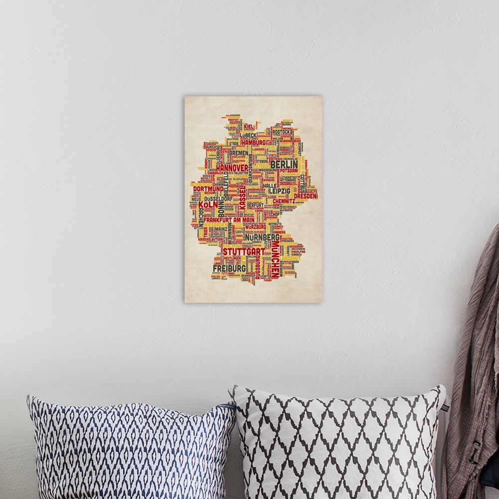 A bohemian room featuring German Cities Text Map, German Colors on Parchment