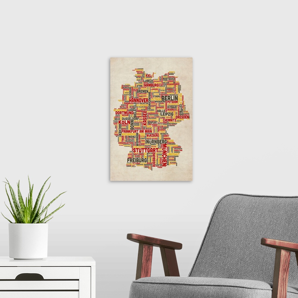 A modern room featuring German Cities Text Map, German Colors on Parchment