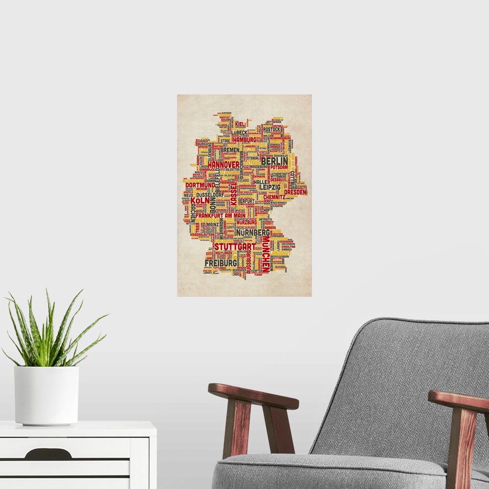 A modern room featuring German Cities Text Map, German Colors on Parchment