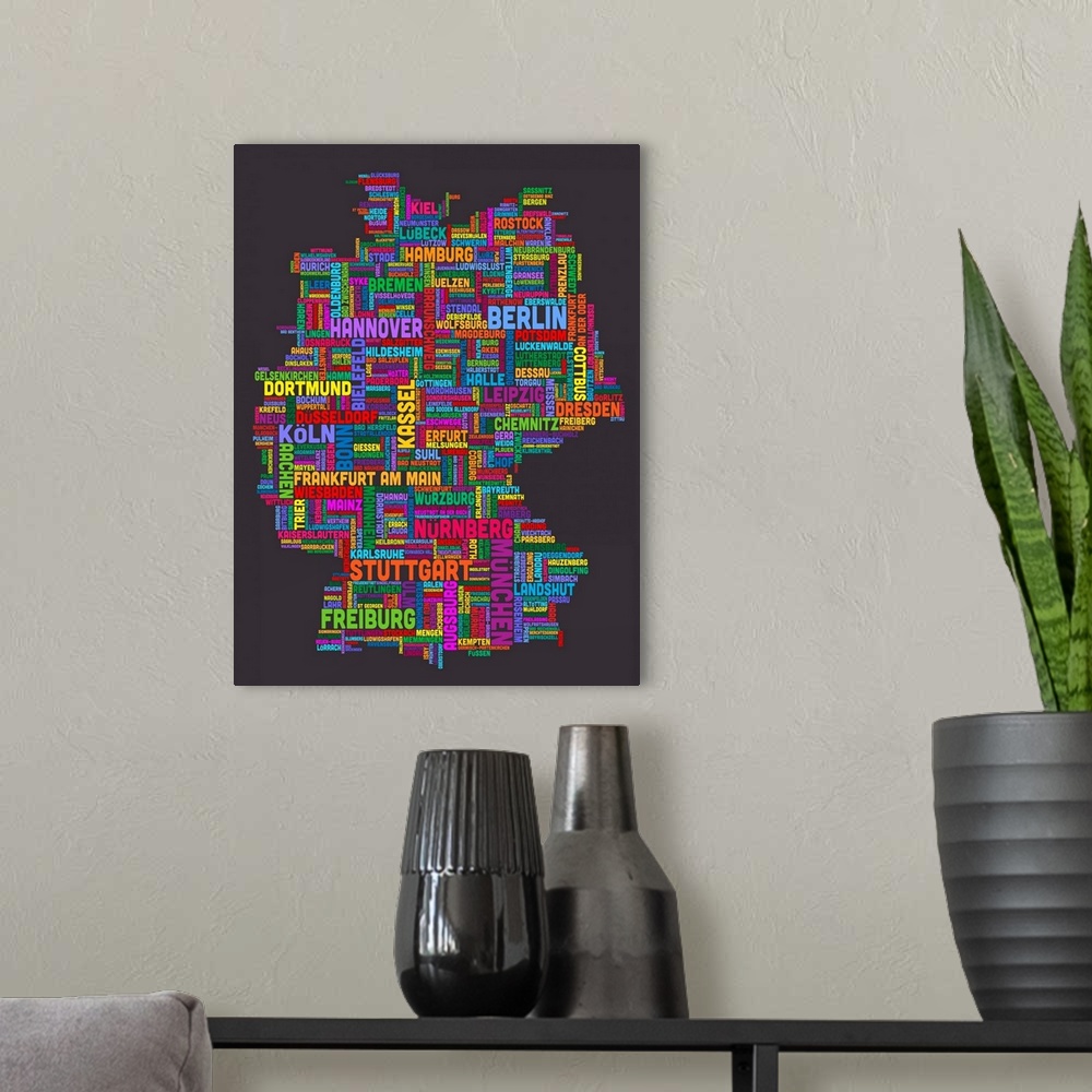 A modern room featuring German Cities Text Map, Multicolor on Grey