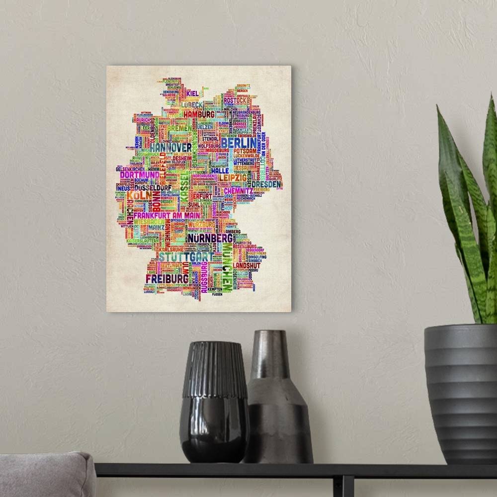 A modern room featuring German Cities Text Map, Multicolor on Parchment