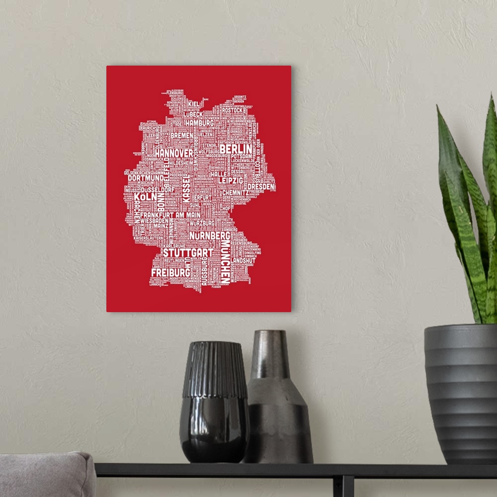 A modern room featuring German Cities Text Map, Red