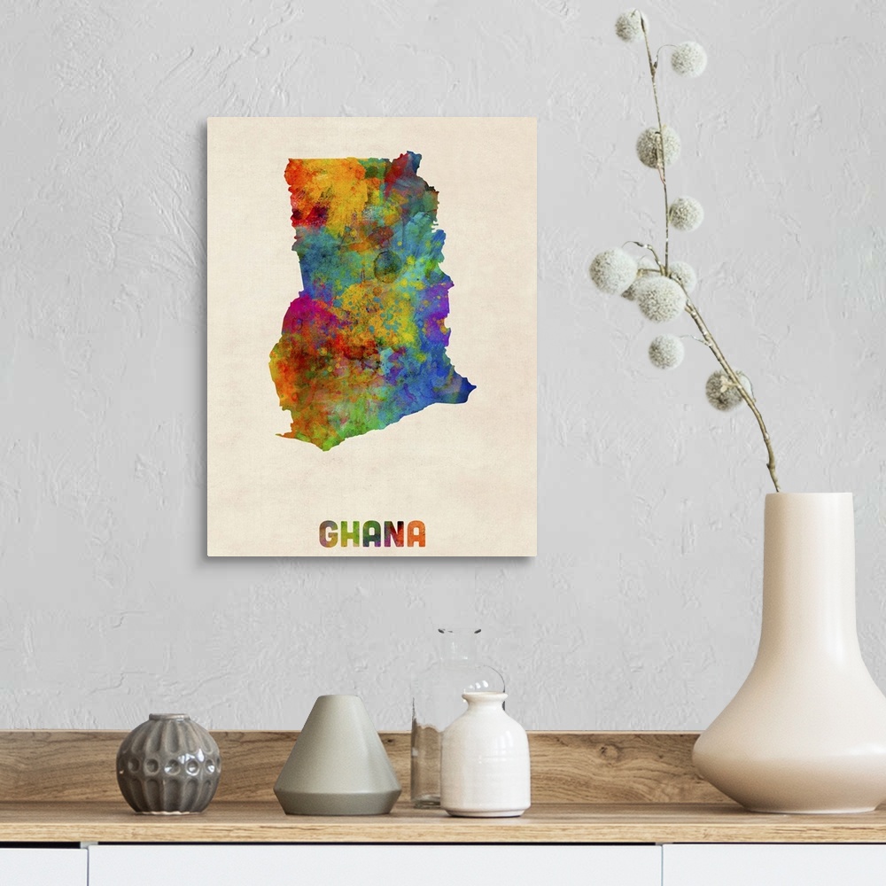 A farmhouse room featuring Colorful watercolor art map of Ghana against a distressed background.