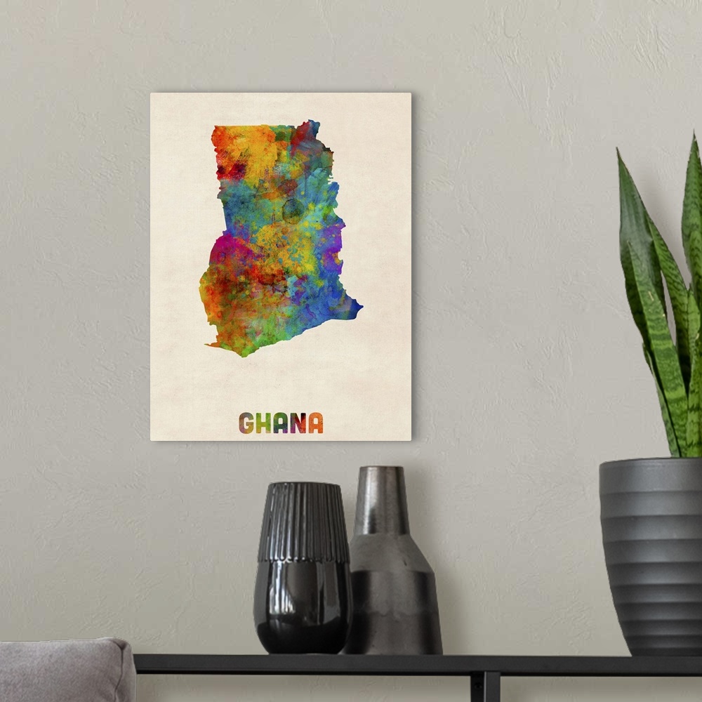 A modern room featuring Colorful watercolor art map of Ghana against a distressed background.