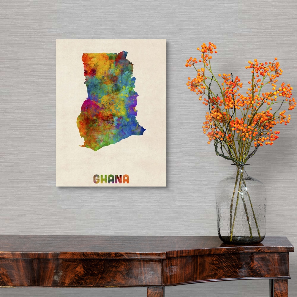 A traditional room featuring Colorful watercolor art map of Ghana against a distressed background.