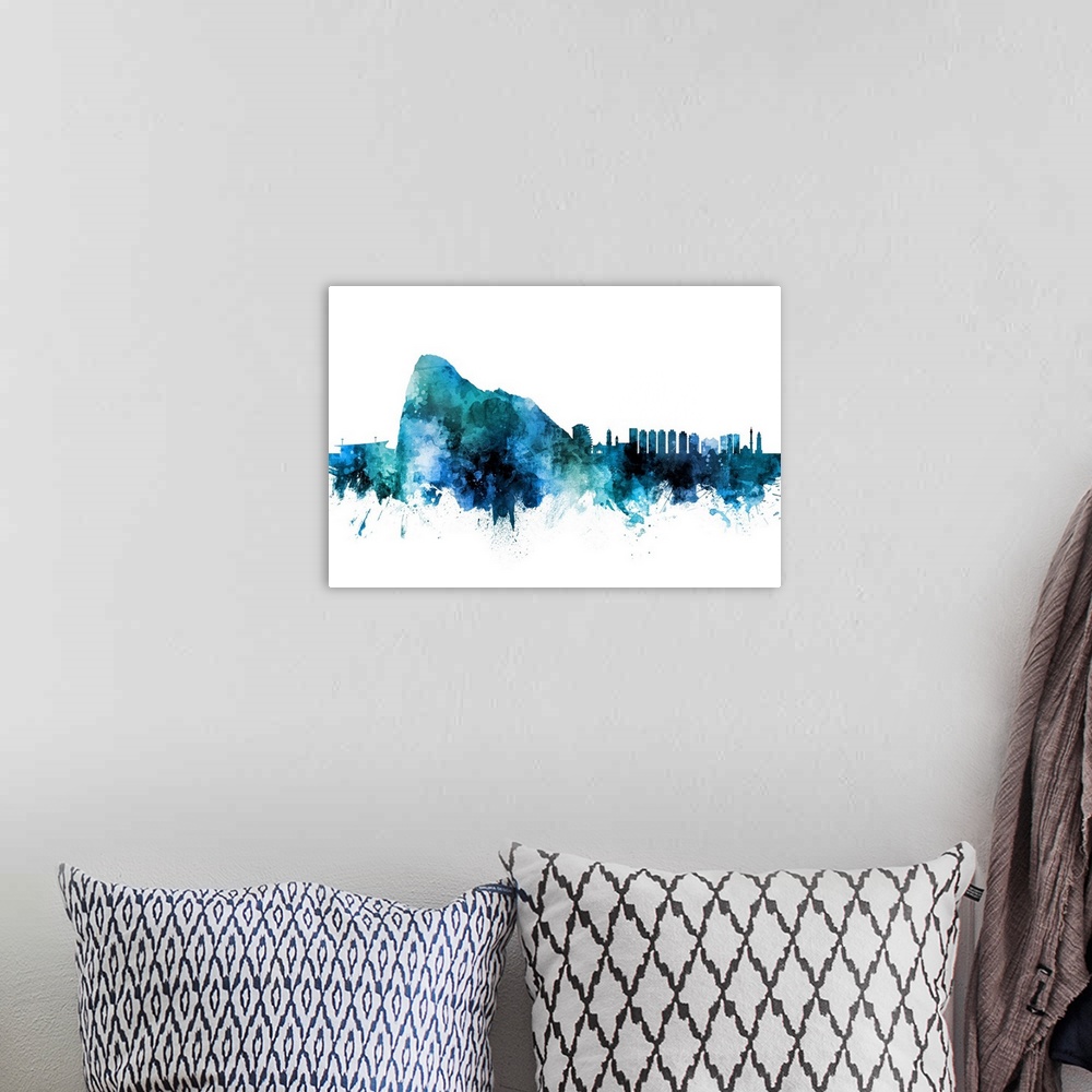 A bohemian room featuring Watercolor art print of the skyline of Gibraltar.