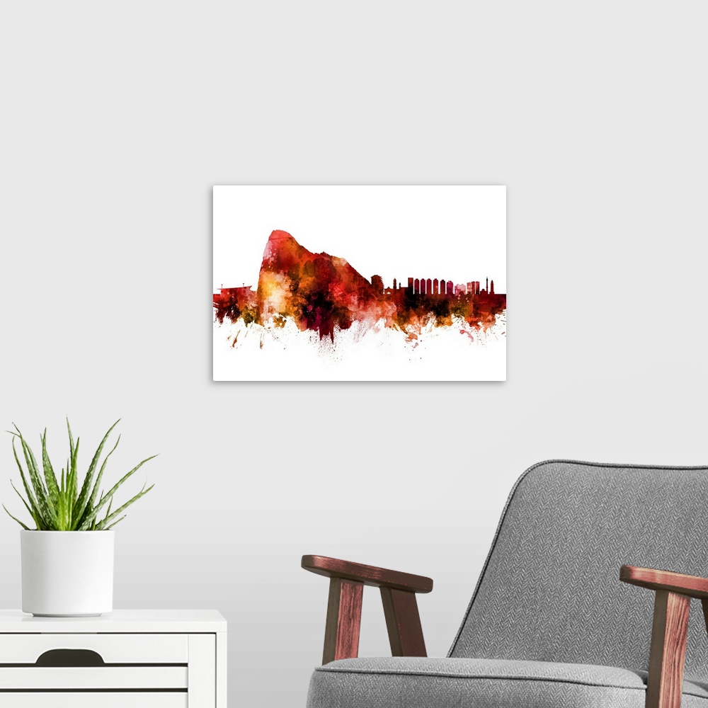 A modern room featuring Watercolor art print of the skyline of Gibraltar.