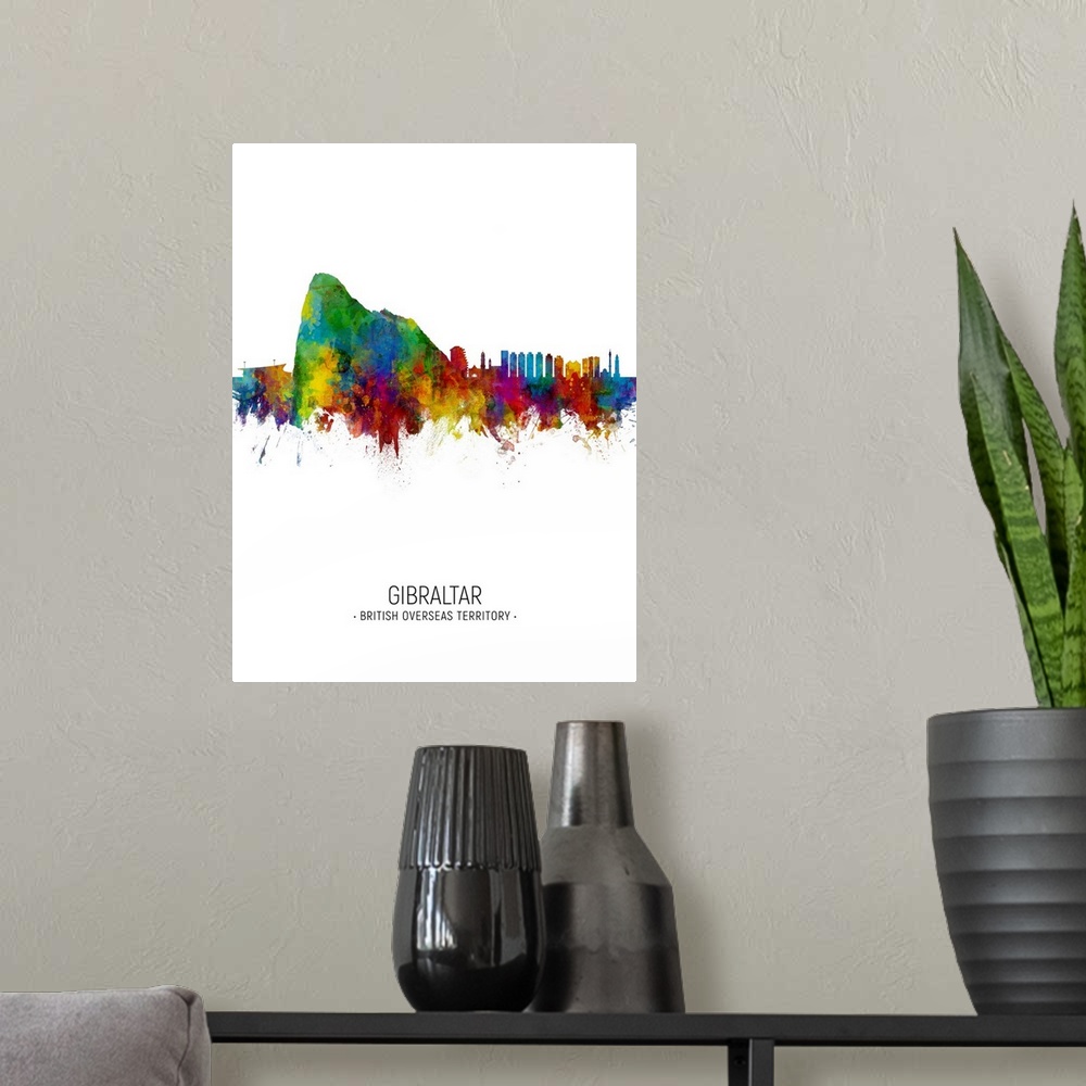 A modern room featuring Watercolor art print of the skyline of Gibraltar