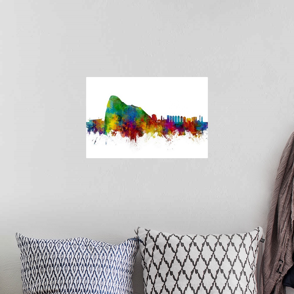 A bohemian room featuring Watercolor art print of the skyline of Gibraltar