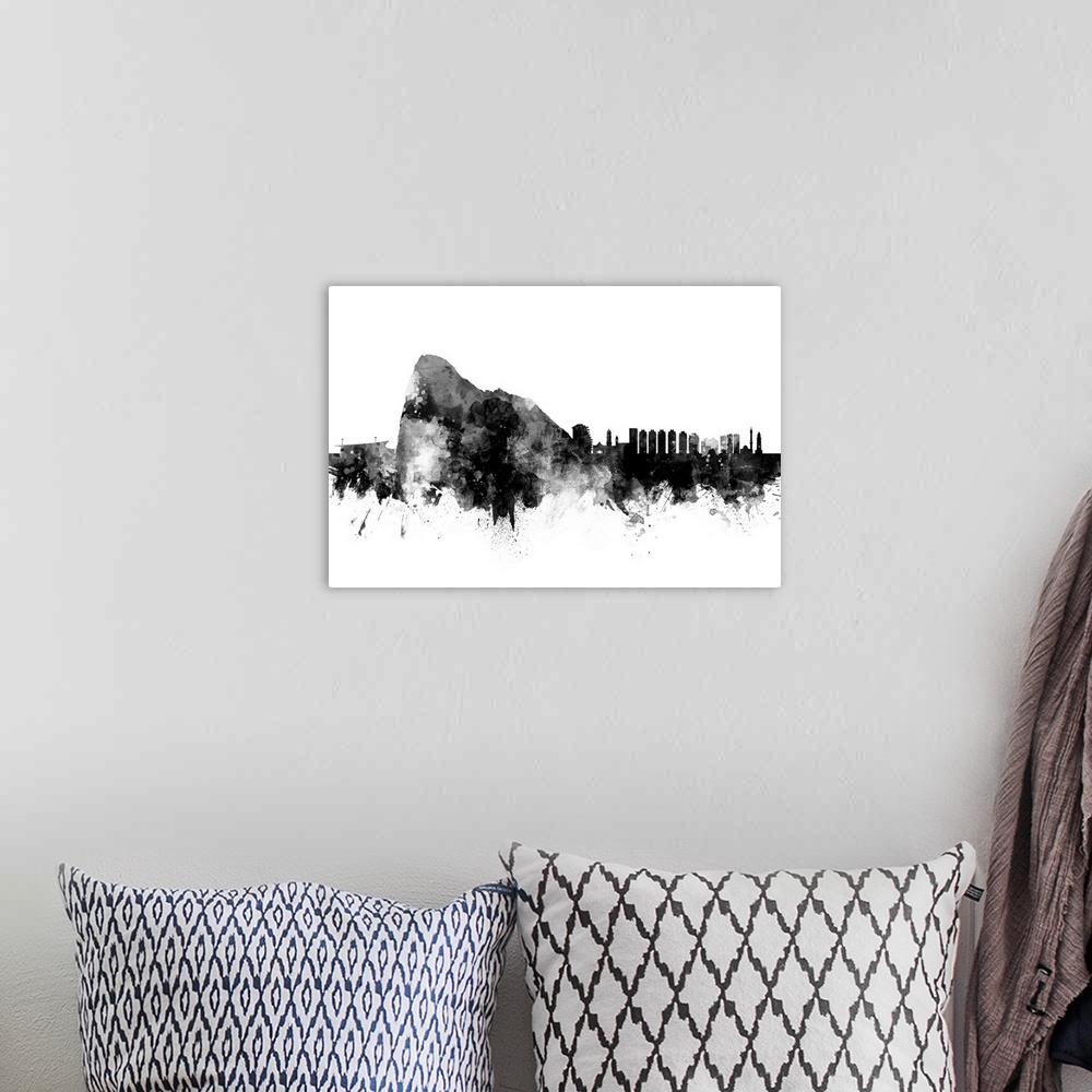 A bohemian room featuring Watercolor art print of the skyline of Gibraltar