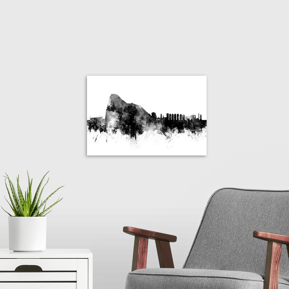 A modern room featuring Watercolor art print of the skyline of Gibraltar