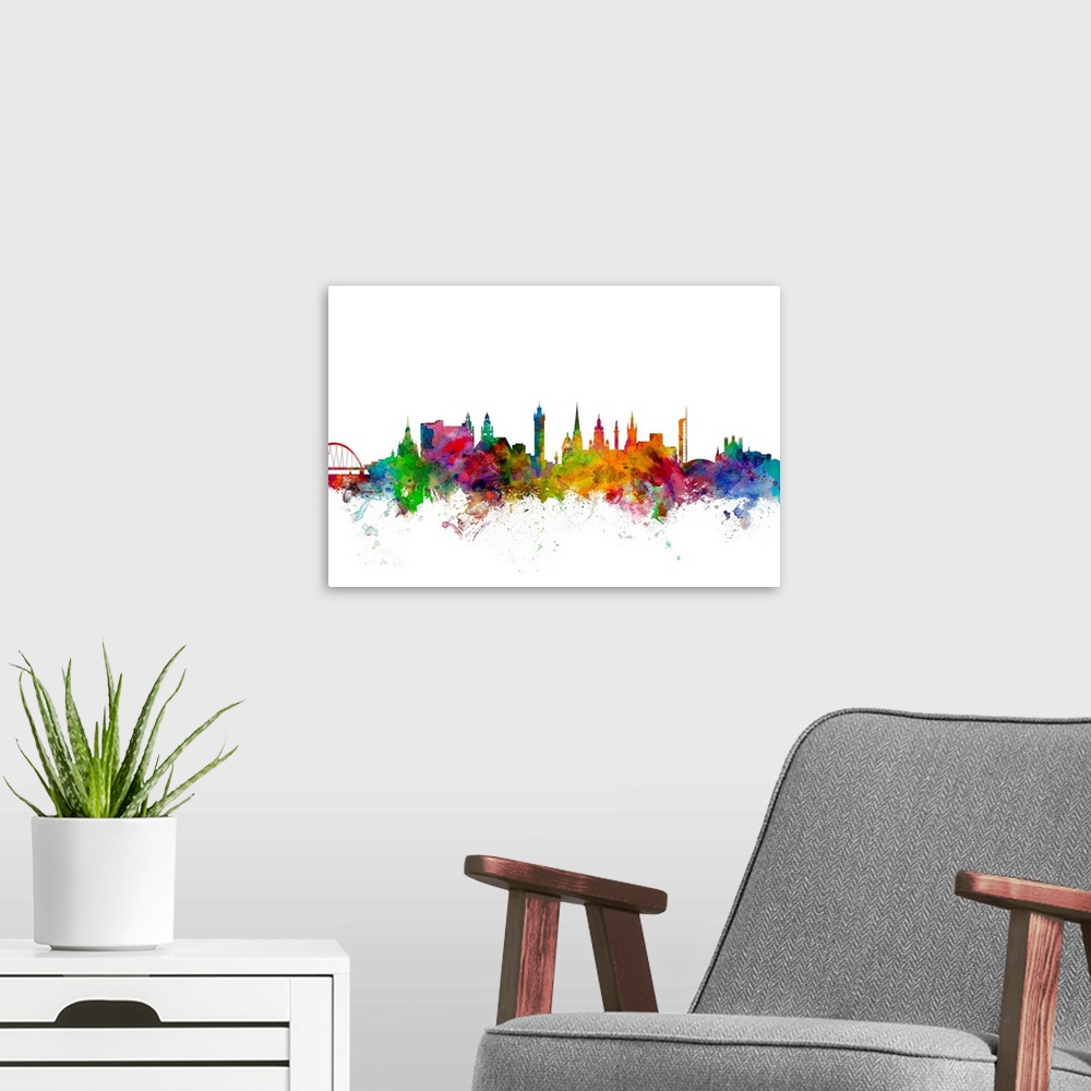 A modern room featuring Contemporary piece of artwork of the Glasgow, Scotland skyline made of colorful paint splashes.