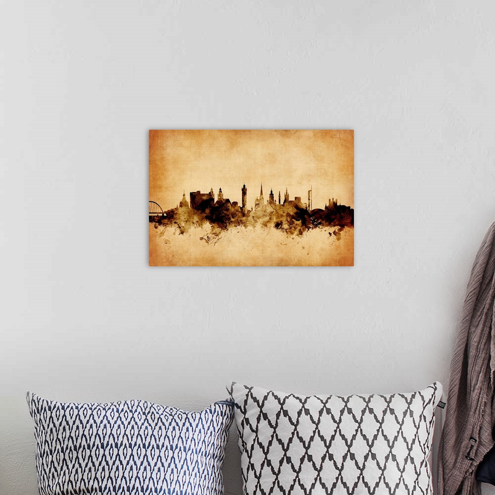 A bohemian room featuring Contemporary artwork of the Glasgow city skyline in a vintage distressed look.