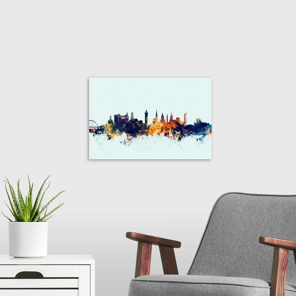A modern room featuring Dark watercolor silhouette of the Glasgow city skyline against a light blue background.
