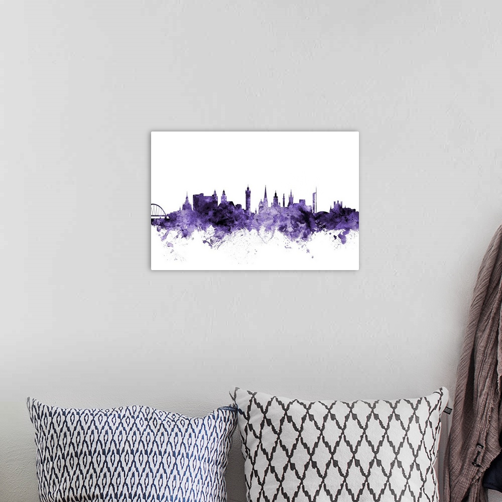 A bohemian room featuring Watercolor art print of the skyline of Glasgow, Scotland, United Kingdom