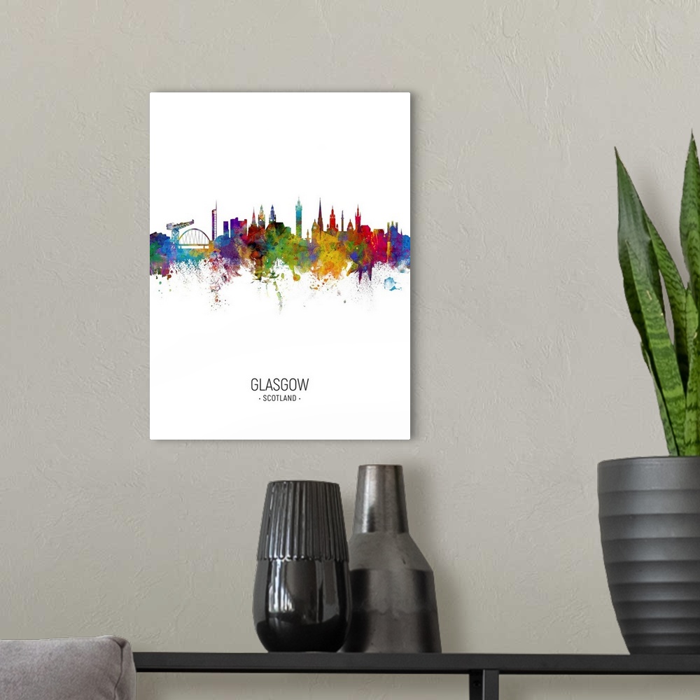 A modern room featuring Watercolor art print of the skyline of Glasgow, Scotland, United Kingdom
