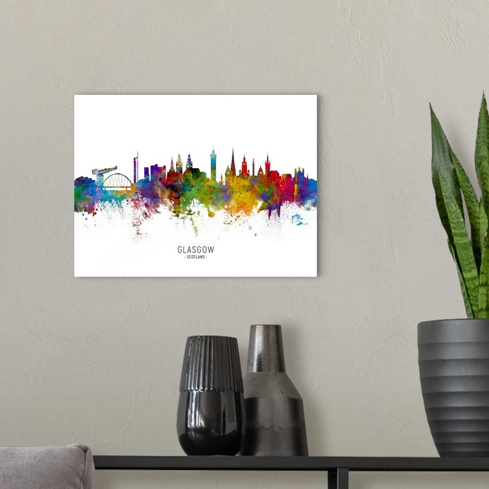 A modern room featuring Watercolor art print of the skyline of Glasgow, Scotland, United Kingdom.