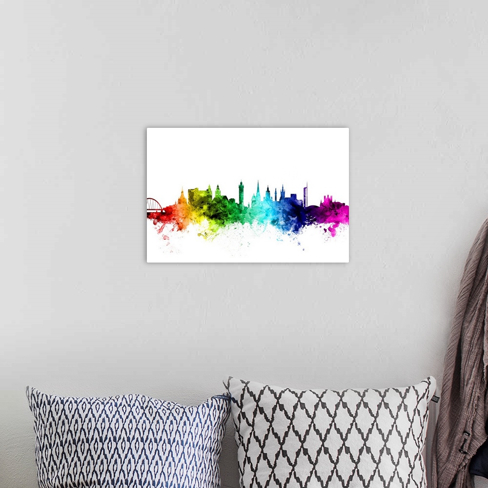 A bohemian room featuring Watercolor art print of the skyline of Glasgow, Scotland, United Kingdom.