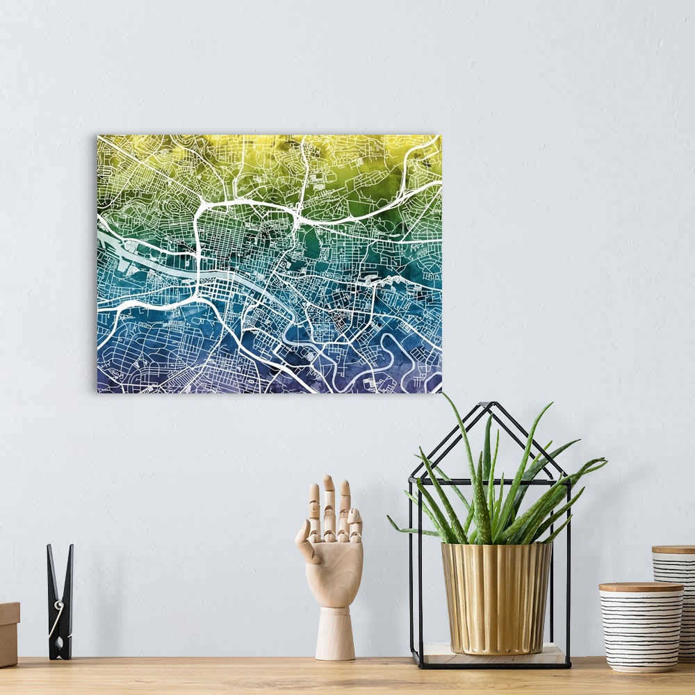 A bohemian room featuring Contemporary watercolor city street map of Glasgow.
