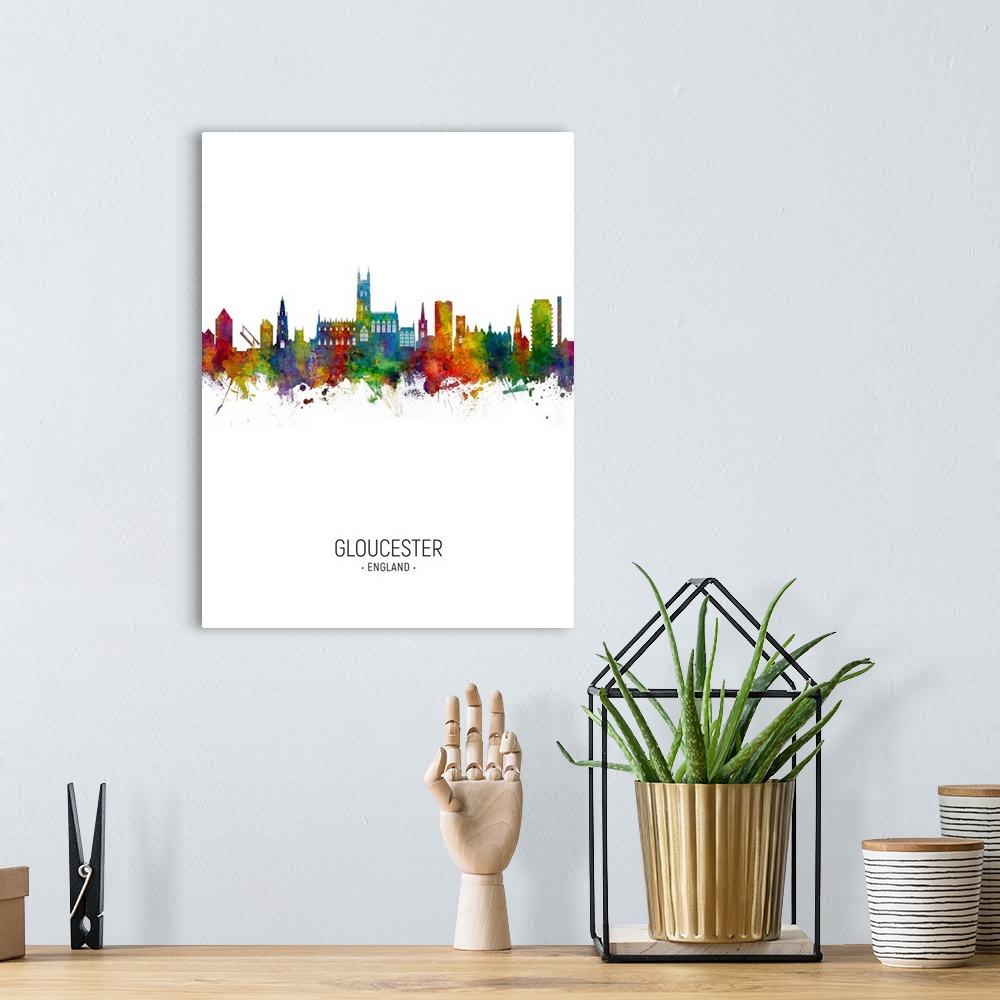 A bohemian room featuring Watercolor art print of the skyline of Gloucester, England, United Kingdom