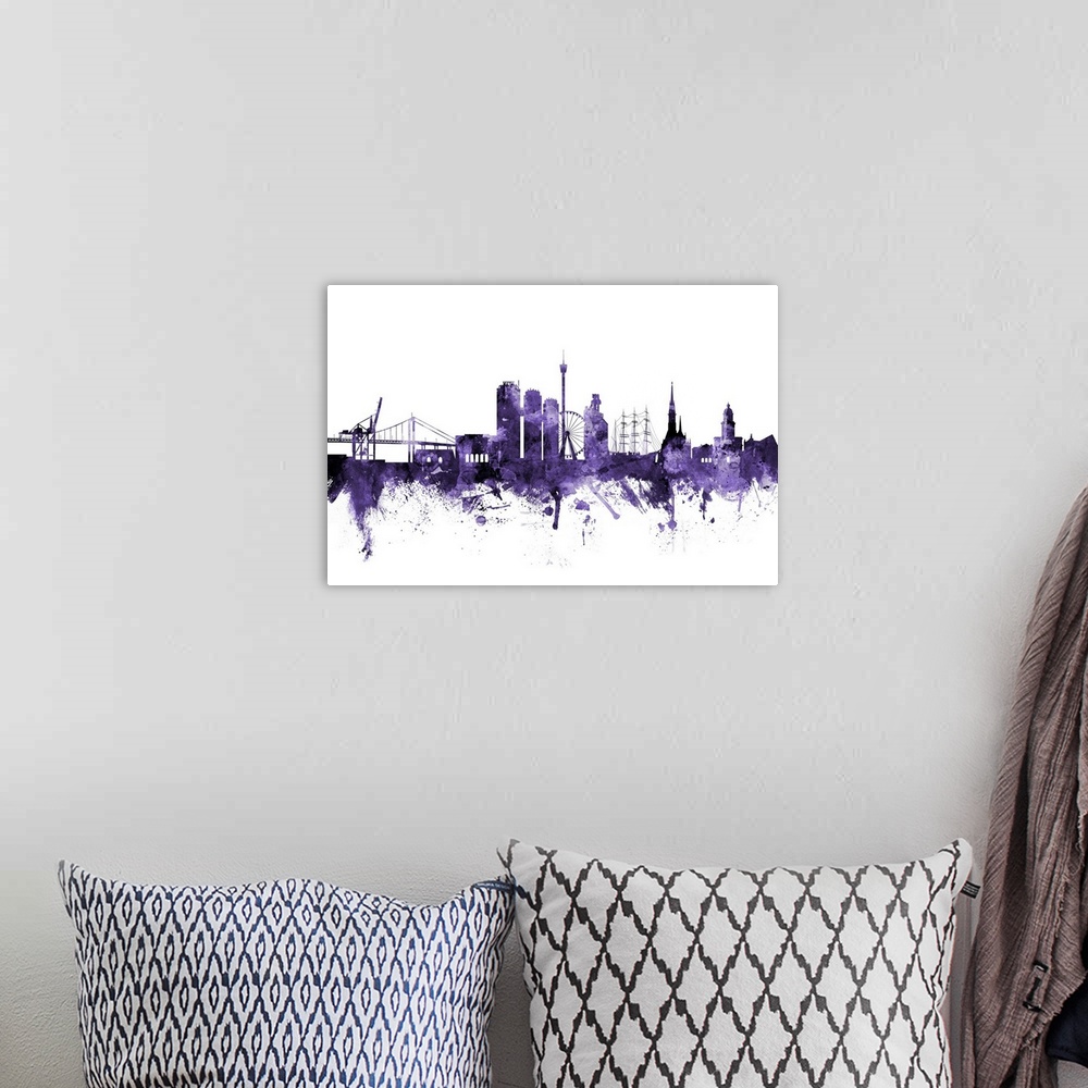 A bohemian room featuring Watercolor art print of the skyline of Gothenburg, Sweden (Sverige)