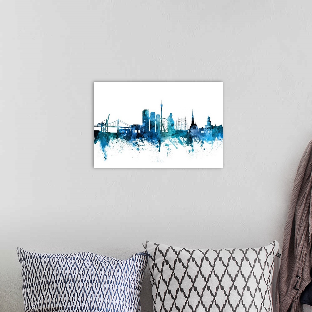 A bohemian room featuring Watercolor art print of the skyline of Gothenburg, Sweden (Sverige).