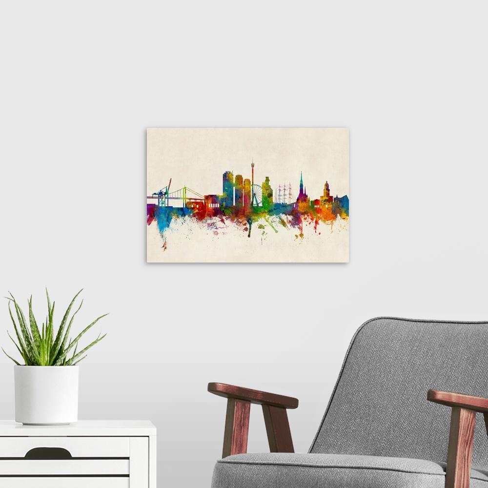 A modern room featuring Watercolor art print of the skyline of Gothenburg, Sweden (Sverige).
