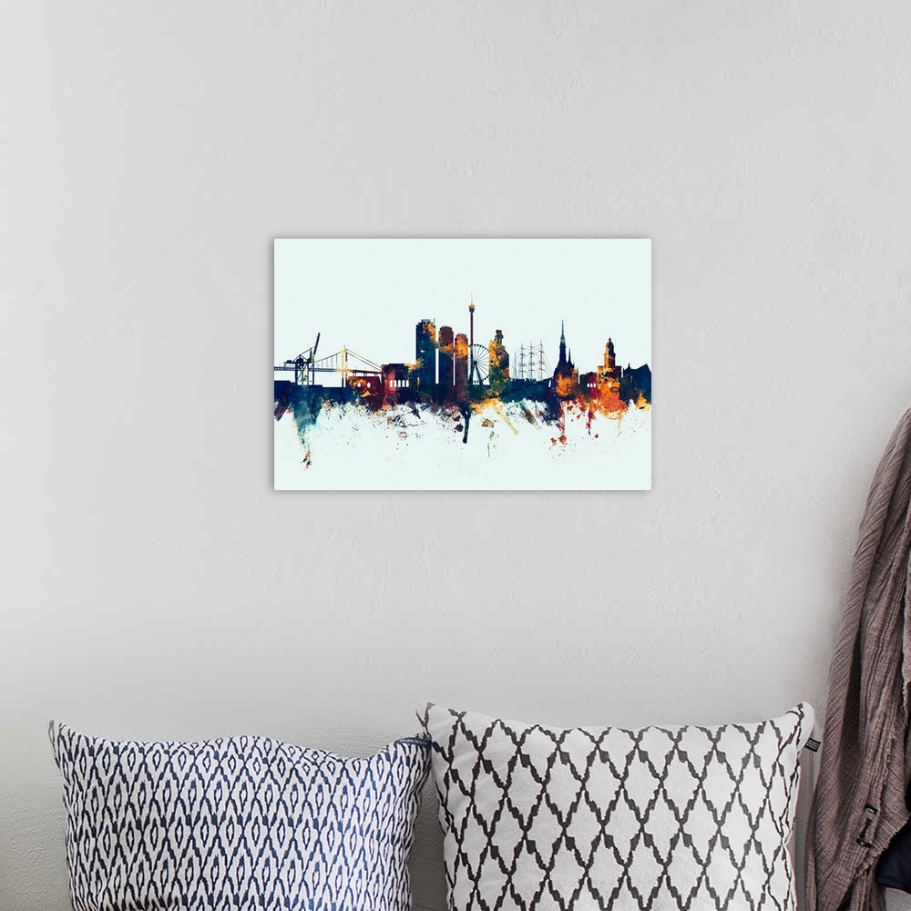 A bohemian room featuring Watercolor art print of the skyline of Gothenburg, Sweden (Sverige).