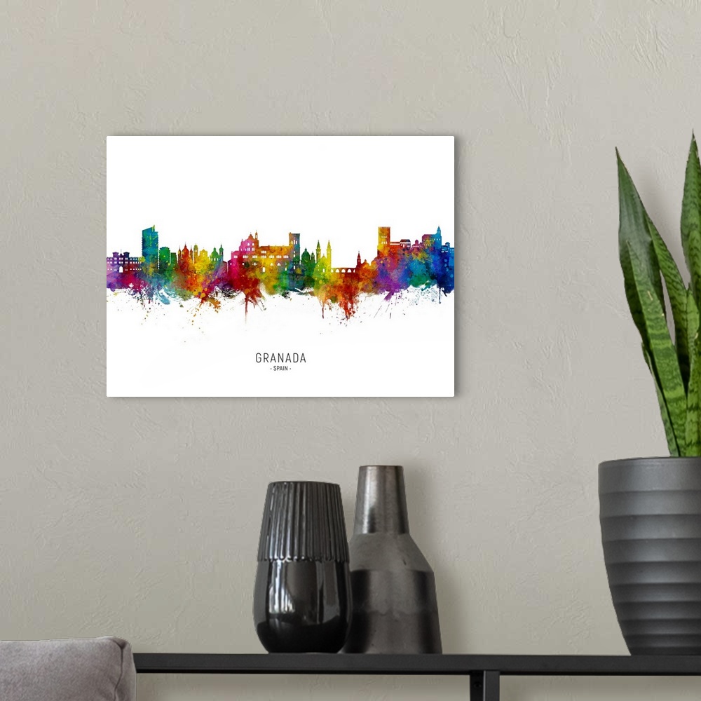 A modern room featuring Watercolor art print of the skyline of Granada, Spain