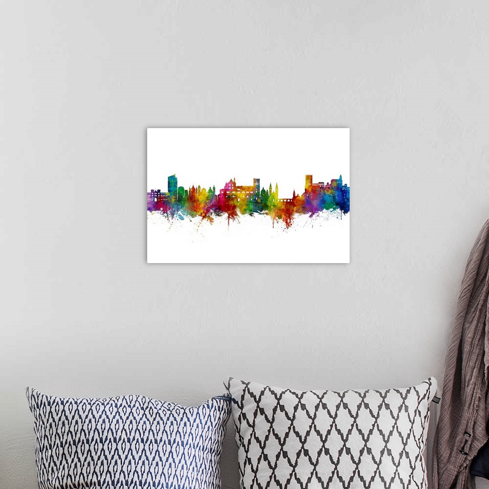 A bohemian room featuring Watercolor art print of the skyline of Granada, Spain