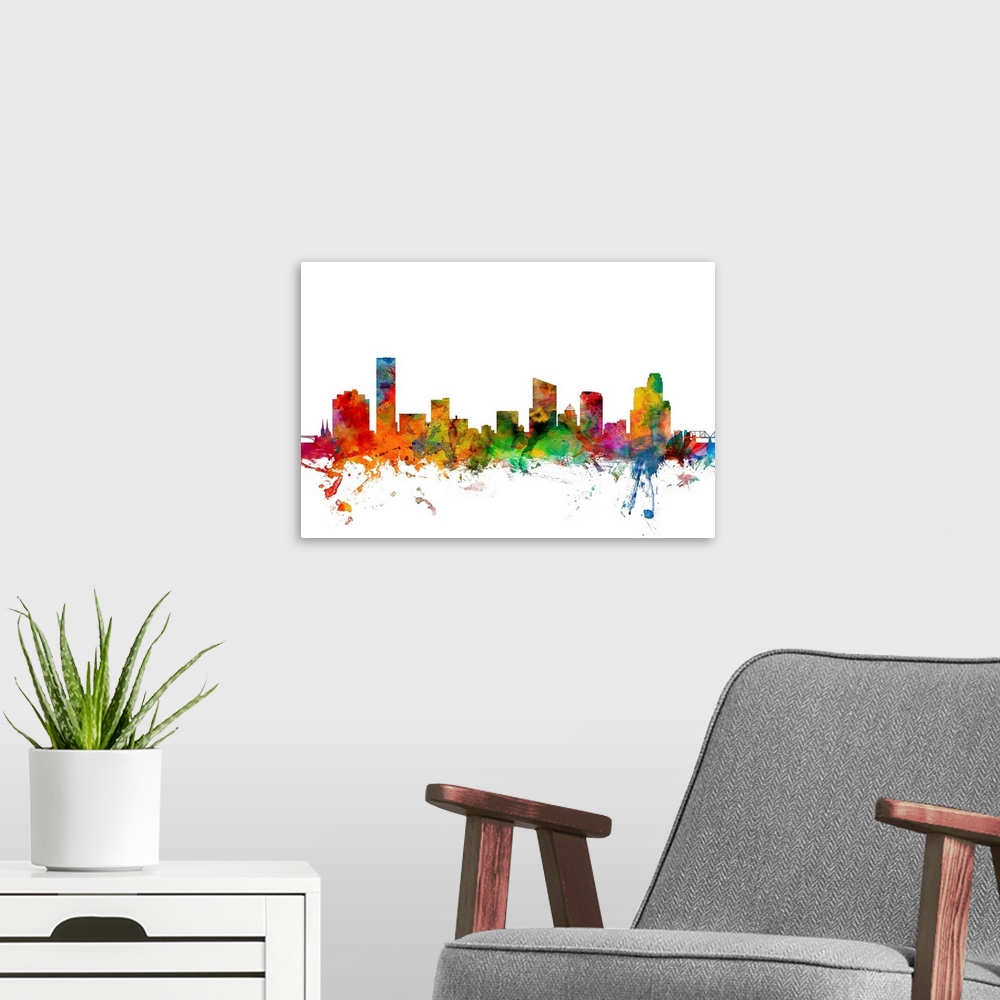 A modern room featuring Watercolor artwork of the Grand Rapids skyline against a white background.