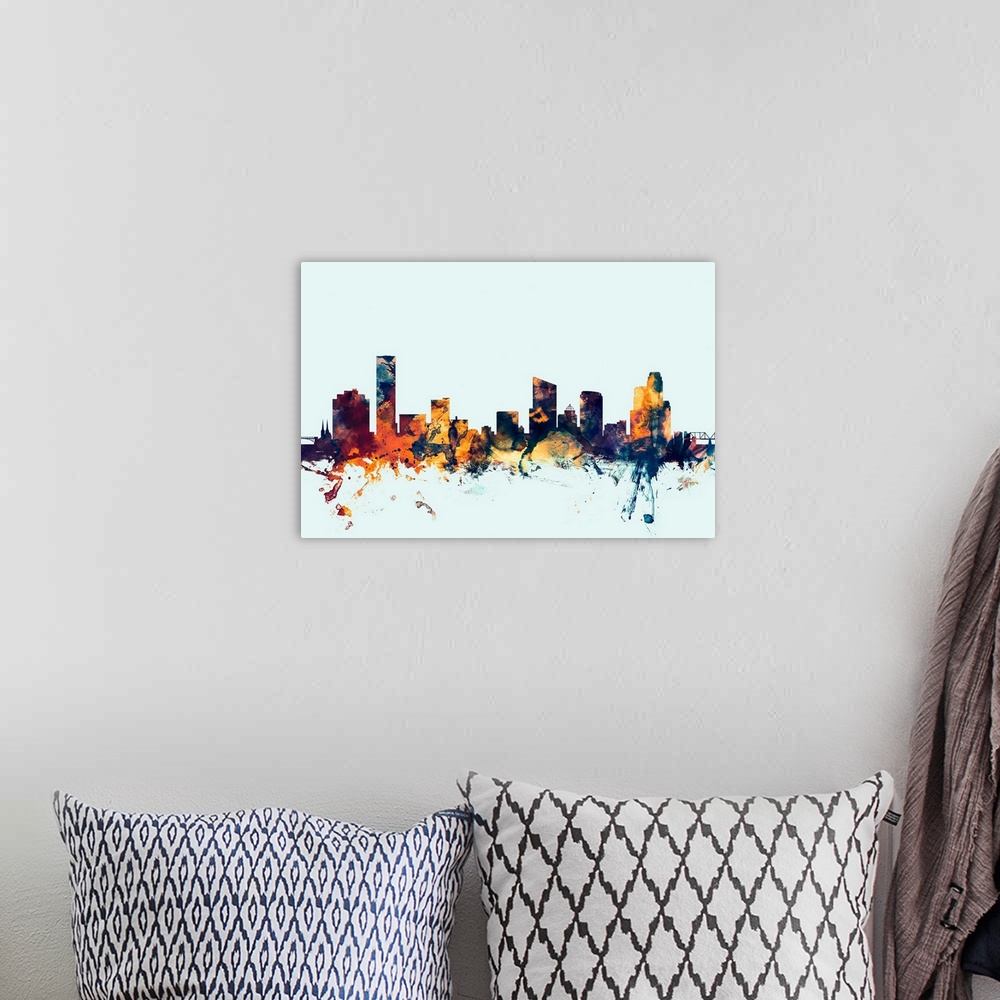 A bohemian room featuring Dark watercolor silhouette of the Grand Rapids city skyline against a light blue background.