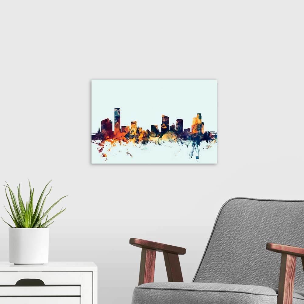 A modern room featuring Dark watercolor silhouette of the Grand Rapids city skyline against a light blue background.
