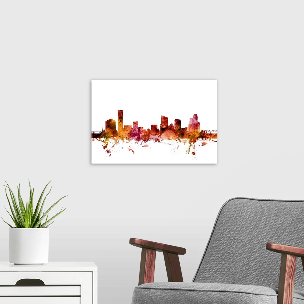 A modern room featuring Watercolor art print of the skyline of Grand Rapids, Michigan, United States.
