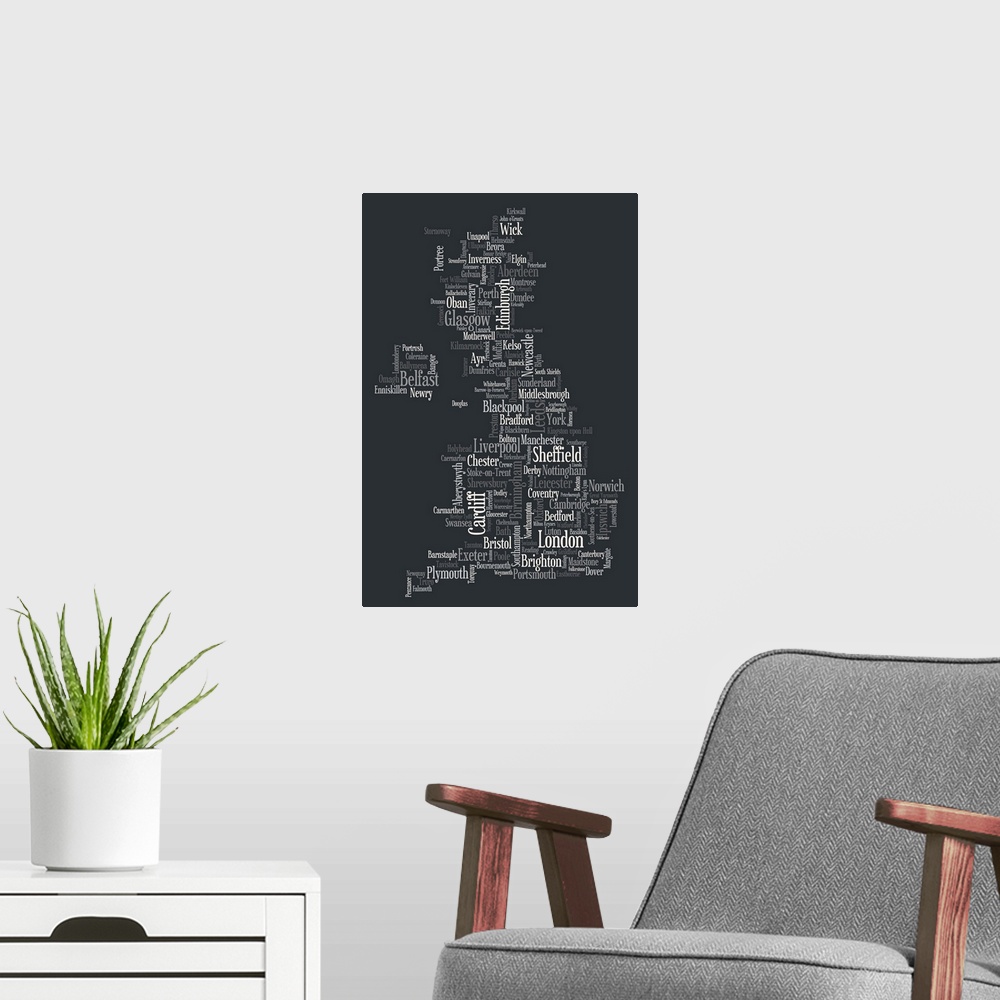 A modern room featuring A typographic text map of Great Britain. Major cities within the United Kingdom are shown on the ...