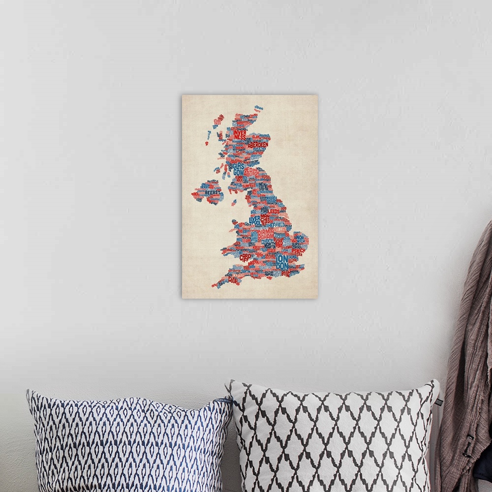 A bohemian room featuring Great Britain UK City Text Map, Blue and Red