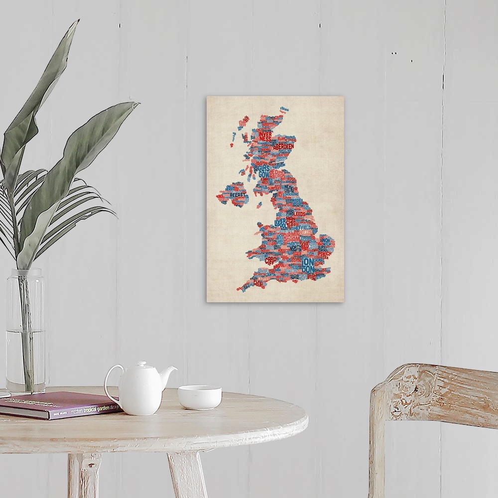 A farmhouse room featuring Great Britain UK City Text Map, Blue and Red