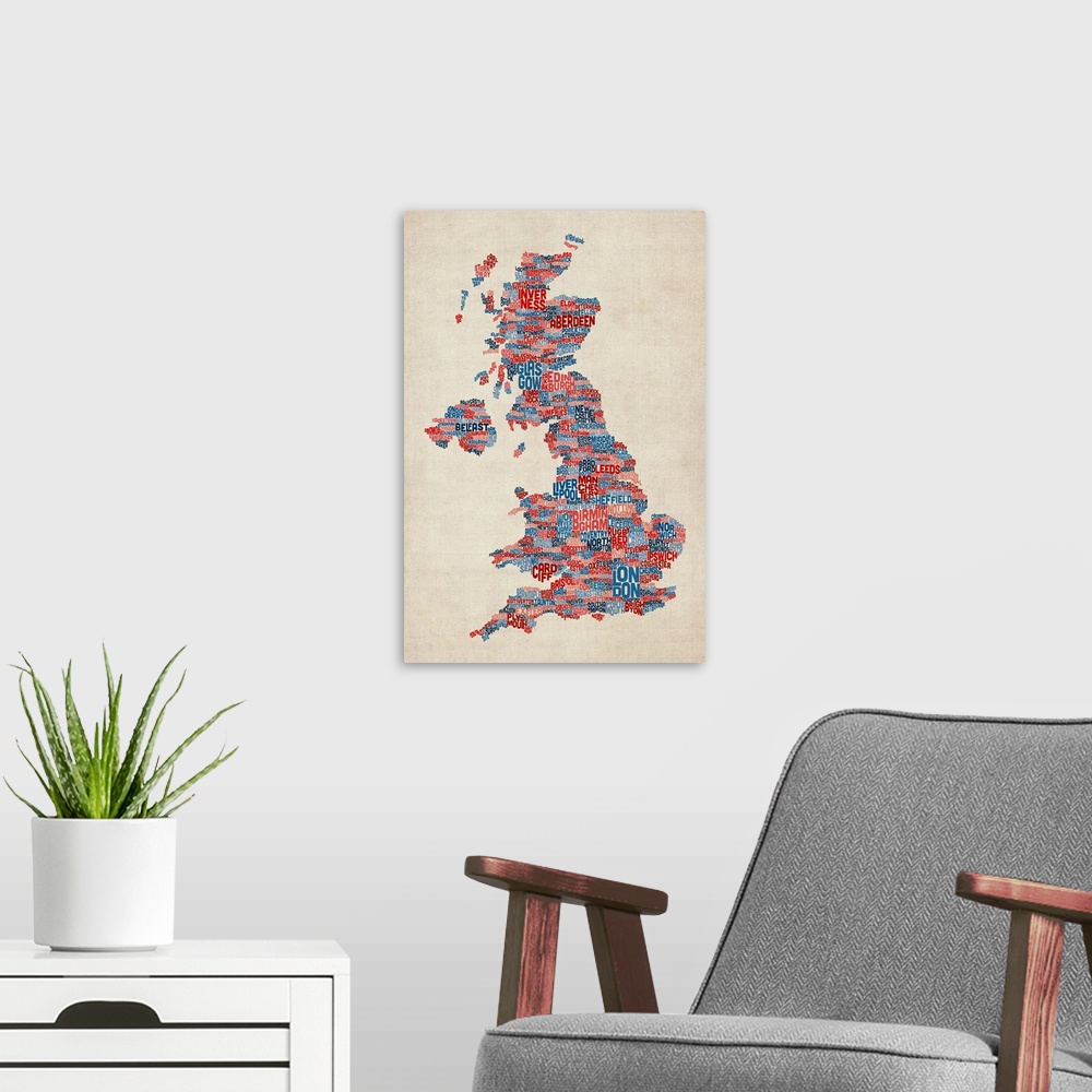 A modern room featuring Great Britain UK City Text Map, Blue and Red