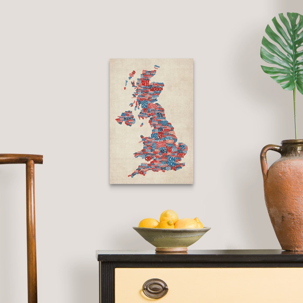 A traditional room featuring Great Britain UK City Text Map, Blue and Red