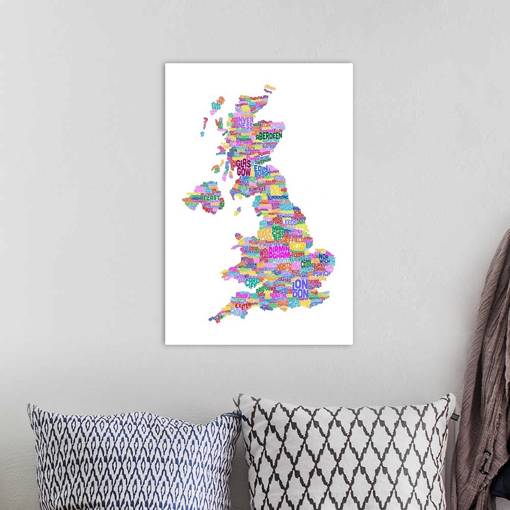 A bohemian room featuring Great Britain UK City Text Map, Colorful