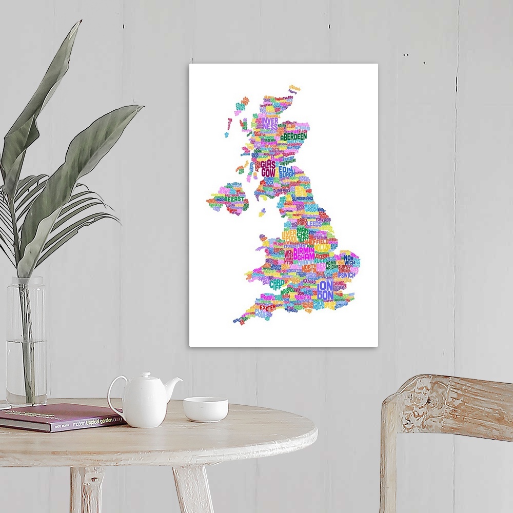 A farmhouse room featuring Great Britain UK City Text Map, Colorful