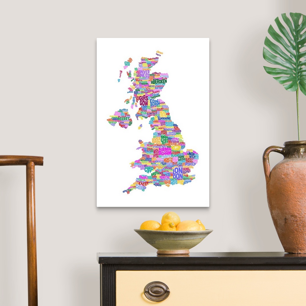 A traditional room featuring Great Britain UK City Text Map, Colorful