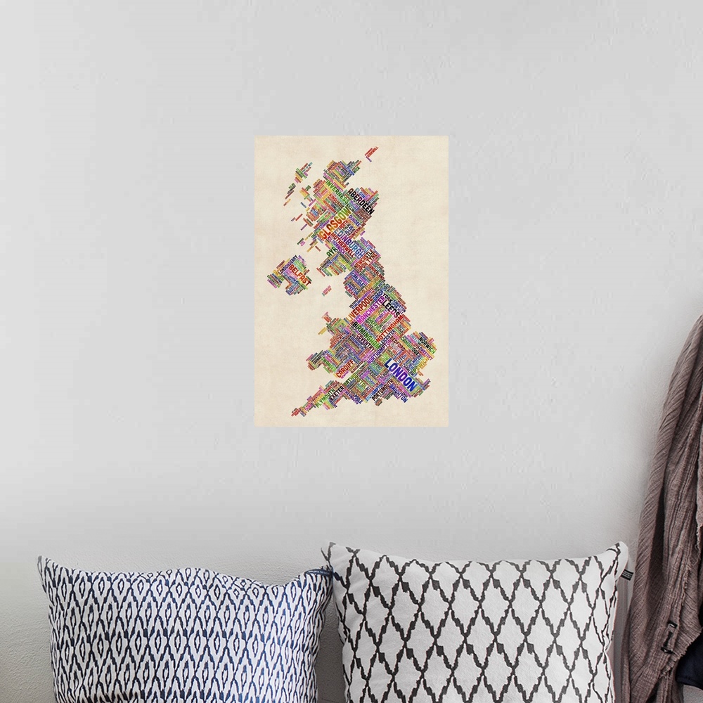 A bohemian room featuring Great Britain UK City Text Map, Diagonal Text, Colorful